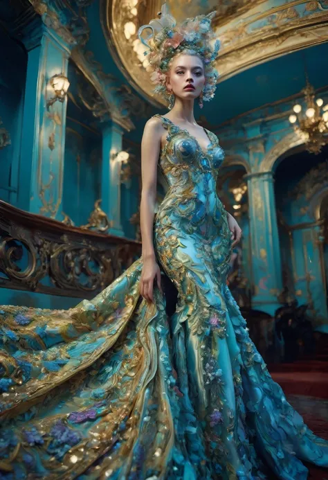 Evening Dress, theater, by Peter Mohrbacher and Miles Aldridge, 35mm photograph, bokeh, best quality, masterpiece, very aesthetic, perfect composition, intricate details, ultra-detailed