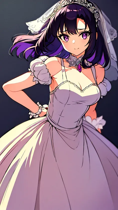 Girl with short, dark purple hair, wearing a wedding dress