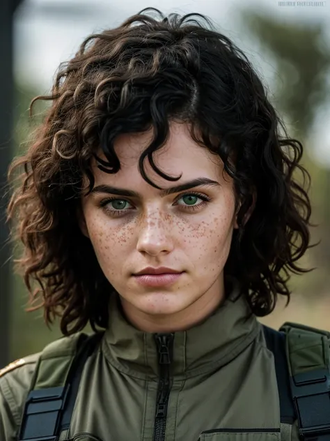 1womanl, curly and messy black hair, clear green eyes, freckles, Bullish, series, stark, no smile, Russian, soldier, automatic, aparência madura e series, call of duty