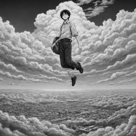 walking on clouds, (anime), bizarre scenario, Junji Ito, Yusuke Murata, black and white, 8k, anime, horror