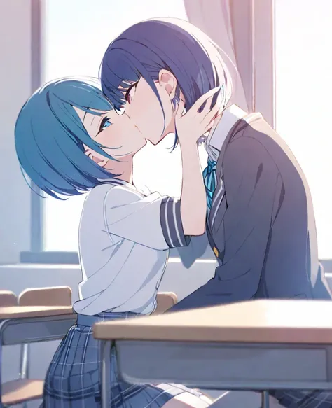 One girl,alone,kiritani haruka,Blue Hair,Blue Eyes,project sekai,Short Hair,cute,cute,smile,uniform,School classroom,skirt,kiss,Kissing a man,nsfw,