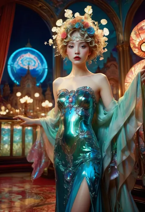 Evening Dress, theater, by Alphonse Mucha and Miles Aldridge, 35mm photograph, bokeh, best quality, masterpiece, very aesthetic, perfect composition, intricate details, ultra-detailed