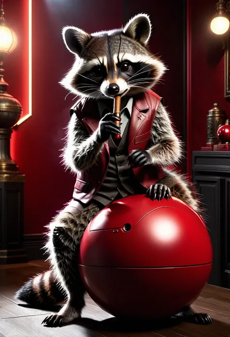 raccoon with a cigar in his fingers that he is smoking, standing in his space leaning casually on a large red ball that is as bi...