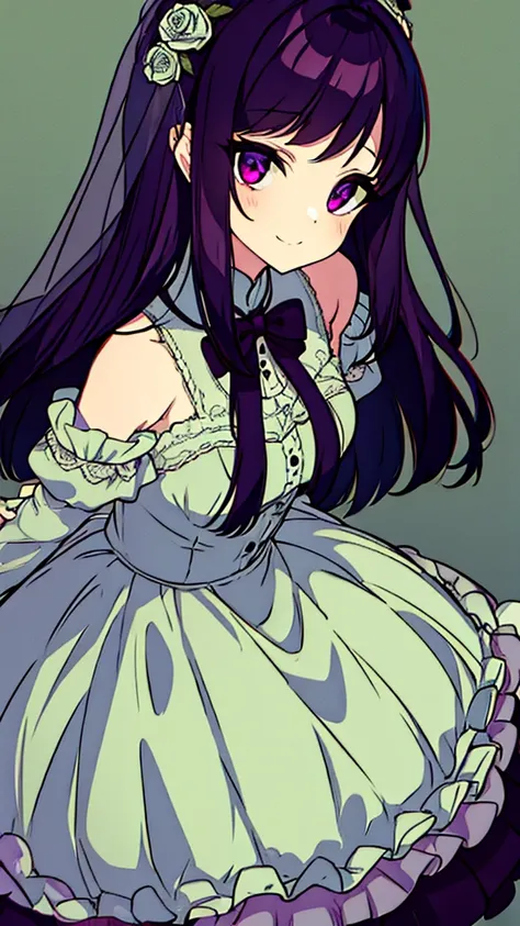 Zombie girl with short, dark purple hair, Wearing a wedding dress