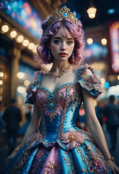 Evening Dress, theater, by Rachel Maclean, 35mm photograph, bokeh, best quality, masterpiece, very aesthetic, perfect composition, intricate details, ultra-detailed