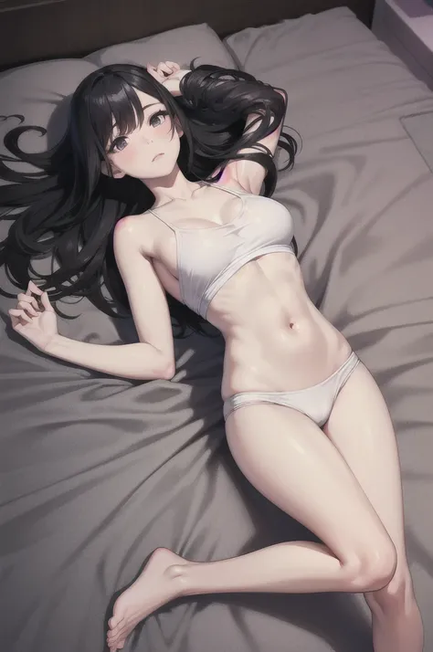 Sexy and feminine，White-colored skin，body preto，The eccentric is exposed，bare chested，Nice legs，slender figure，skin fair，lie on bed,flat posture，The face is beautiful and delicate， temple，Fill your stomach，open your legs，Bare feet，long black hair，精致的面容，See...