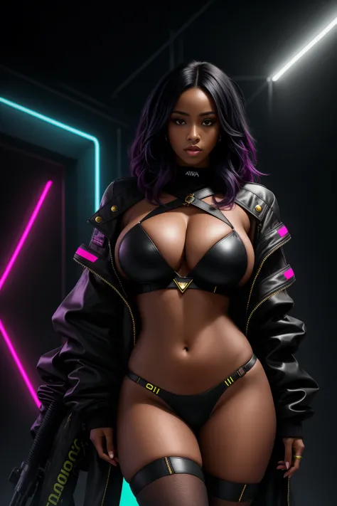 there is a beautiful dark Nigerian woman standing, black neon streaked hair, 3 d neon art of a womans hourglass body, neon-noir background, skimpy outfit, cyberpunk femme fatale, seductive cyberpunk dark fantasy, cyberpunk strip clubs, cyberpunk 28 y. o mo...