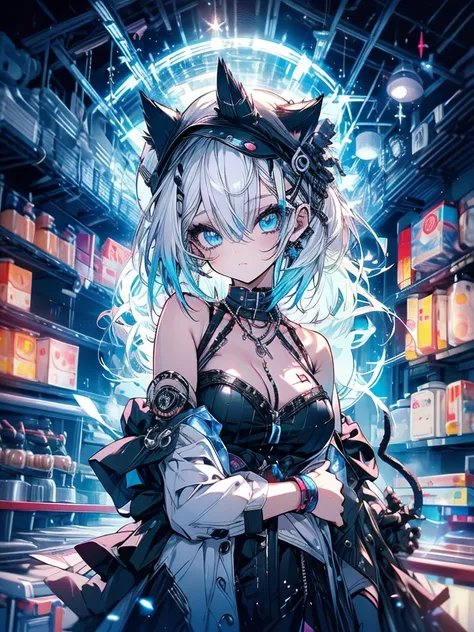 highest quality, masterpiece, long eyelashes, blue eyes punk girl, Dressed in punk clothes, super mini skirt, Sparkling, big breasts, Cat ear, white hair,