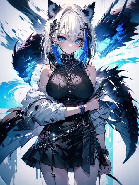 highest quality, masterpiece, long eyelashes, blue eyes punk girl, Dressed in punk clothes, super mini skirt, Sparkling, big breasts, Cat ear, white hair,