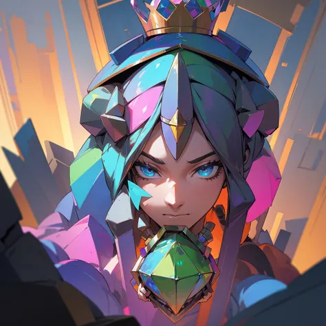 Magestic Statue made of Bismuth, ruins, under the surface, male, Crown, Colorful Enviroment