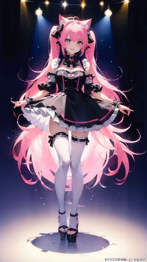 ((Full body shot: 1.5))、((1匹))、smile、kpop idol costumes、Cute chibi anime sitting on a plate, long pink hair with twin tails、I have cat ears、Wear a blue mini dress, Smiling, Logo is cheap、Iridescent colors、Heavily