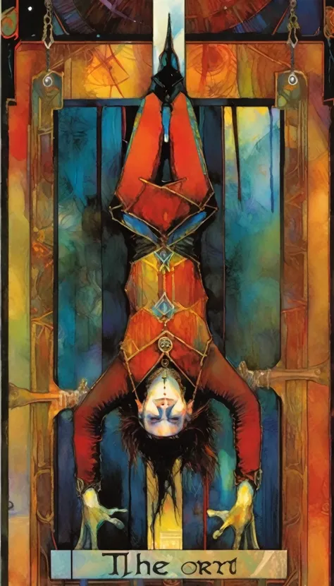 ((tarot card)) THE HANGED MAN ((card frame)), (man hanging upside down ) work by Bill Sienkiewicz, vivid colors, intricate details, oil.
