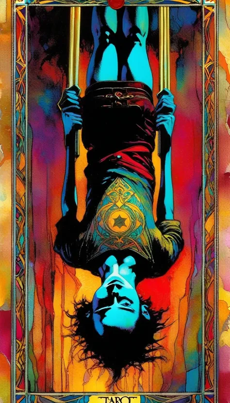 ((tarot card)) THE HANGED MAN ((card frame)), (man hanging upside down ) work by Bill Sienkiewicz, vivid colors, intricate details, oil.
