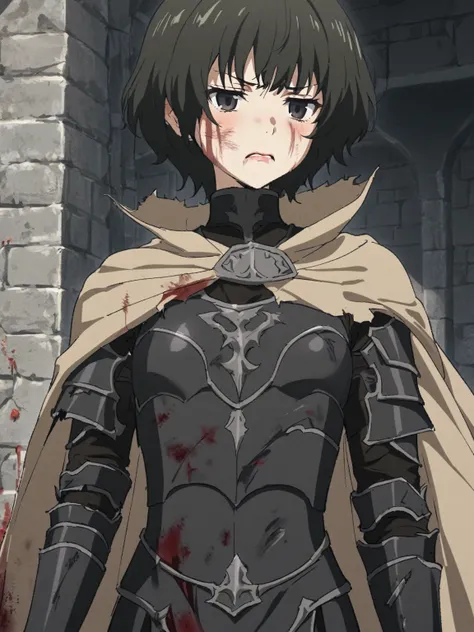 {{upper body}} {{Artist: sincos}} 1girl,cowboy shot, small breasts, short bangs, hair over eyes, skinny, (very short hair:1.3), black hair, black eyes, short hair, annoyed, wolf cut, full armor, black armor, light brown cape, torn cape, broken armor, long ...