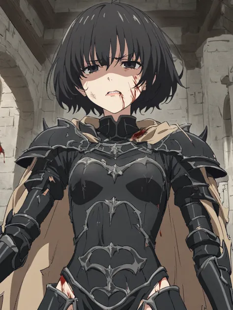 {{upper body}} {{Artist: sincos}} 1girl,cowboy shot, small breasts, short bangs, hair over eyes, skinny, (very short hair:1.3), black hair, black eyes, short hair, annoyed, wolf cut, full armor, black armor, light brown cape, torn cape, broken armor, long ...