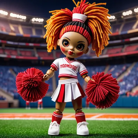 (knitted toy voodoo doll:1.2), (Voodoo Cheerleader:1.3), (Clothing Bright sports uniform, pompoms:1.0), (in the background Sports stadium, team in the background, fans:1.2), best quality, masterpiece, detailed soft oil painting, detailed background, dramat...