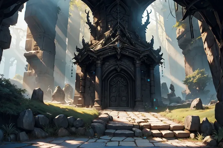 A magnificent matte, The entrance to the ancient cave is shrouded in black mist, Reminiscent of a medieval fantasy scene, With exquisite stone carvings, Ominous shadow, Glittering runes can be vaguely seen on the wall, Perfectly balanced composition, high ...