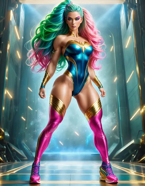 GORGEOUS superhero WOMAN , TALL WOMAN BODY, TALL WOMAN, STRONG CURVY ATHLETIC BODY, MUSCLES, BLUE PINK COSTUME, THONG BODYSUIT, GOLD DETAILS, EXPOSED GORGEOUS THIGHS, SWEATY GLUTES, STRONG GLUTES, GOLD TENIS, GOLD GAUNTLETS, HUGE LONG BLUE GREEN PINK HAIR,...