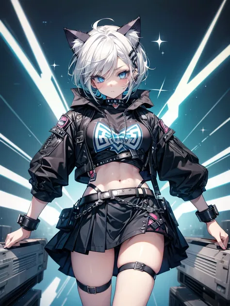 highest quality, masterpiece, long eyelashes, blue eyes punk girl, Dressed in punk clothes, super mini skirt, Sparkling, big breasts, Cat ear, white hair,