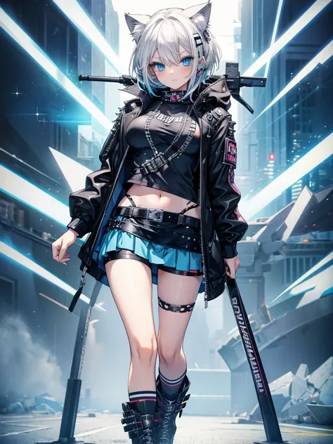 highest quality, masterpiece, long eyelashes, blue eyes punk girl, Dressed in punk clothes, super mini skirt, Sparkling, big breasts, Cat ear, white hair,