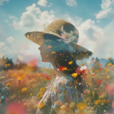 double exposure、there is a woman in a hat standing In the flower field, Straw hat beauty、Girl in the flower garden, woman in flowers, In the flower field, a girl floating in a flower field, Girl in Flowers, Portrait of Karan, Girl standing in a flower fiel...