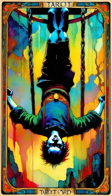 ((tarot card)) THE HANGED MAN ((card frame)), (man hanging upside down ) work by Bill Sienkiewicz, vivid colors, intricate details, oil.
