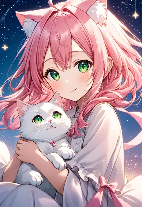 a beautiful anime girl with long, flowing pink hair and cat ears, dressed in a light, delicate outfit with pink ribbons. she has...