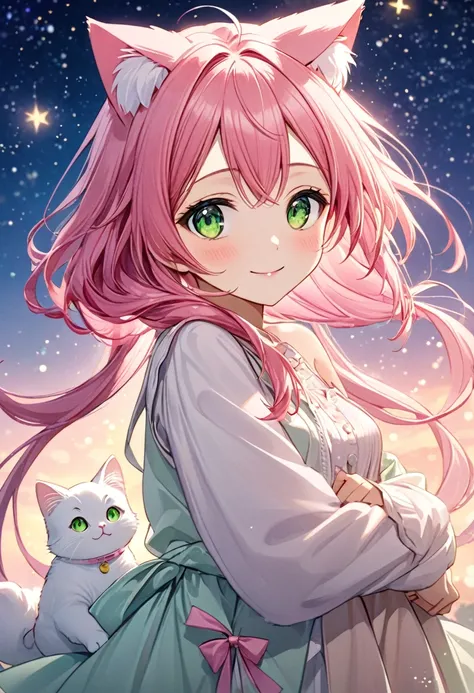 a beautiful anime girl with long, flowing pink hair and cat ears, dressed in a light, delicate outfit with pink ribbons. she has...