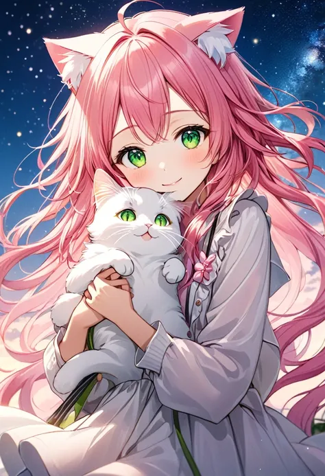 a beautiful anime girl with long, flowing pink hair and cat ears, dressed in a light, delicate outfit with pink ribbons. she has...