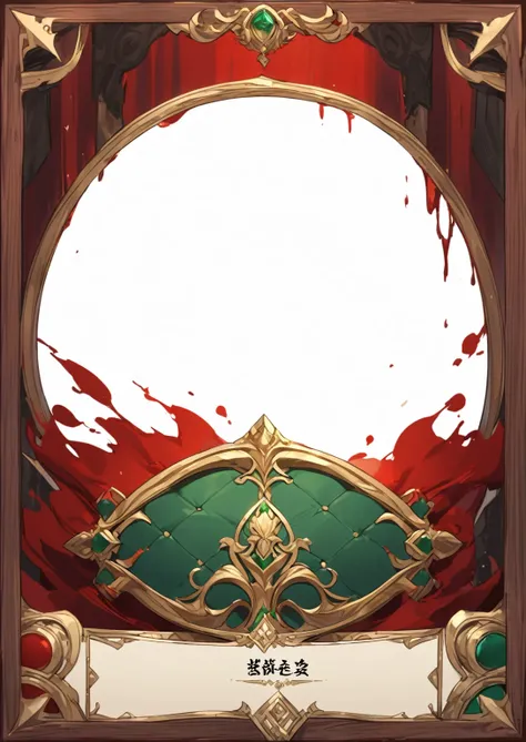 A card border UI，Medieval European aristocracy design，Noble and elegant dark style，Redwood frame，Parchment backing，There are blood stains on it。Deep Red、Emerald Green、Gold main tone。