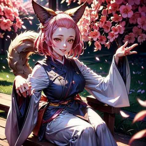 1 29 years old beautiful european woman with red kimono,pink hairs,9 tails kitsune,ash blossom,smiling,long flowing hair,detaile...