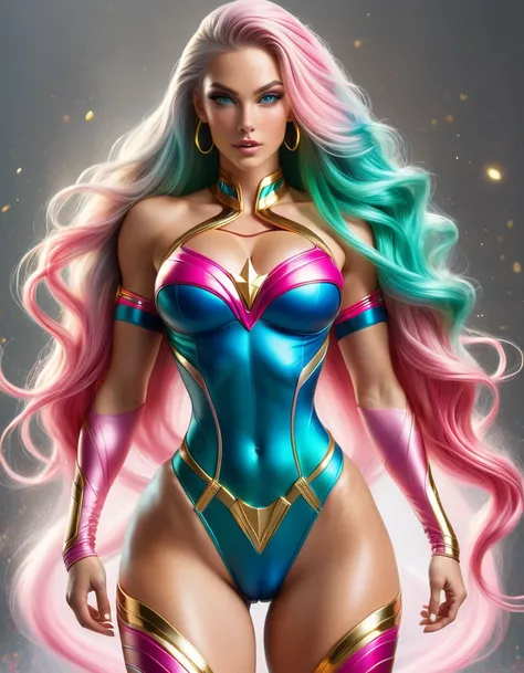 GORGEOUS superhero WOMAN , TALL WOMAN BODY, TALL WOMAN, STRONG CURVY ATHLETIC BODY, MUSCLES, BLUE PINK COSTUME, THONG BODYSUIT, GOLD DETAILS, EXPOSED GORGEOUS THIGHS, SWEATY GLUTES, STRONG GLUTES, GOLD TENIS, GOLD GAUNTLETS, HUGE LONG BLUE GREEN PINK HAIR,...