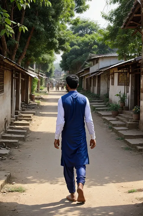 Village Scene:A bustling village scene with villagers engaging in their daily activities. Arjun is seen walking towards Swami Anands ashram, looking worried and deep in thought.