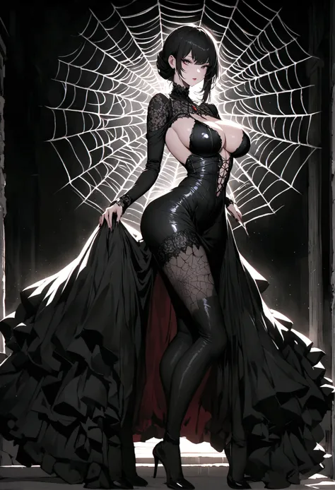 Create an image of the most stunningly gorgeous beautiful perfect sexy woman, stunningly beautiful face, showing clevage, large breast , perfect ass , full body view , long black tight lace goth dress, spider webs, front facing,