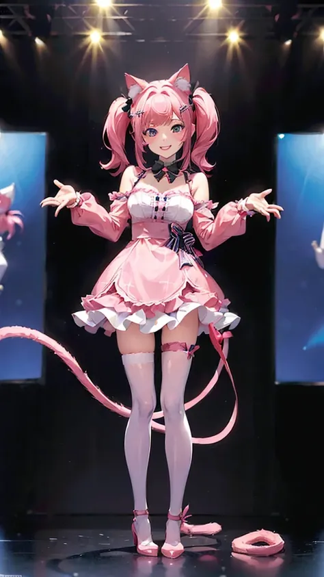 ((Full body shot: 1.5))、((One animal))、((Real female cat))、Big smile、((The background is blurred and nothing is visible))、kpop idol costumes、Cute chibi anime sitting on a plate, long pink hair with twin tails、I have cat ears、Wear a blue mini dress, Smiling...