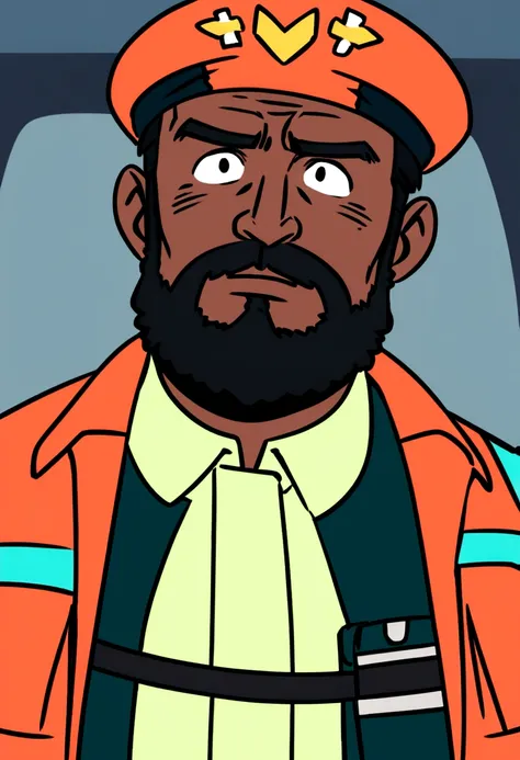 Cartoon character of a dark-skinned man with a beard, in paramedic uniform, animation character.