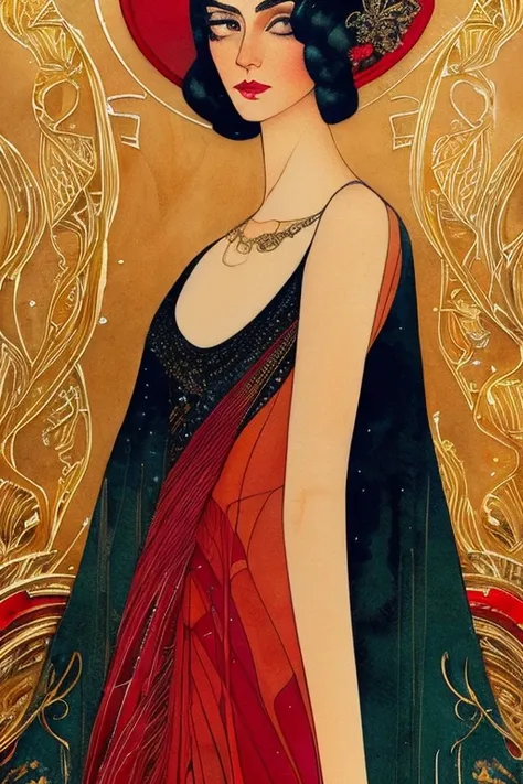 Beautiful woman wearing a multilayered dress, slight smile, light hair, watercolor splash, intricate gold leaf decoration, red and black dress layers, Harrison Fisher and Catrin Welz-Stein, pen and ink lines, calligraphic lines, elegant hairdo, vivid colou...