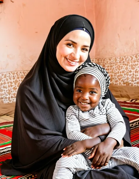 Pale skin Kurdish woman in hijab embracing her ebony African baby sitting in village room view from up laughing 