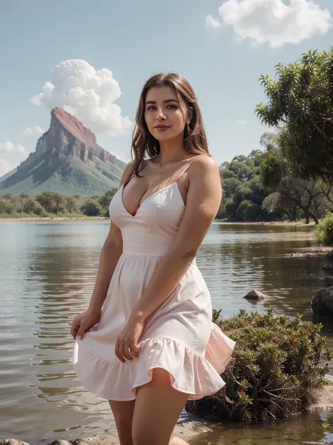 Araffe dress,Red dressRed wearing a short dress (white),Crocodile nearbya mountain of water near the Crocodiles nearby.light green, shining flowers,Red skywearing a suit (white), lipstick (pink) Escasamente vestido.Smooth sky model Hermosa figuracuerpo vol...