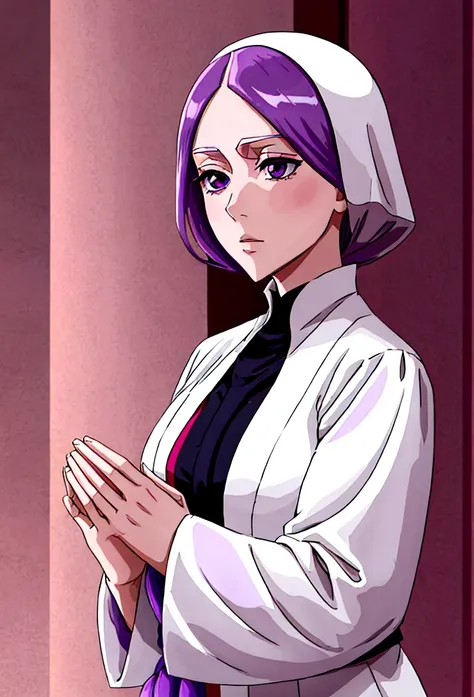 anime, white girl, nun, royal clothes, pink and purple hair, she is praying, she has serious face