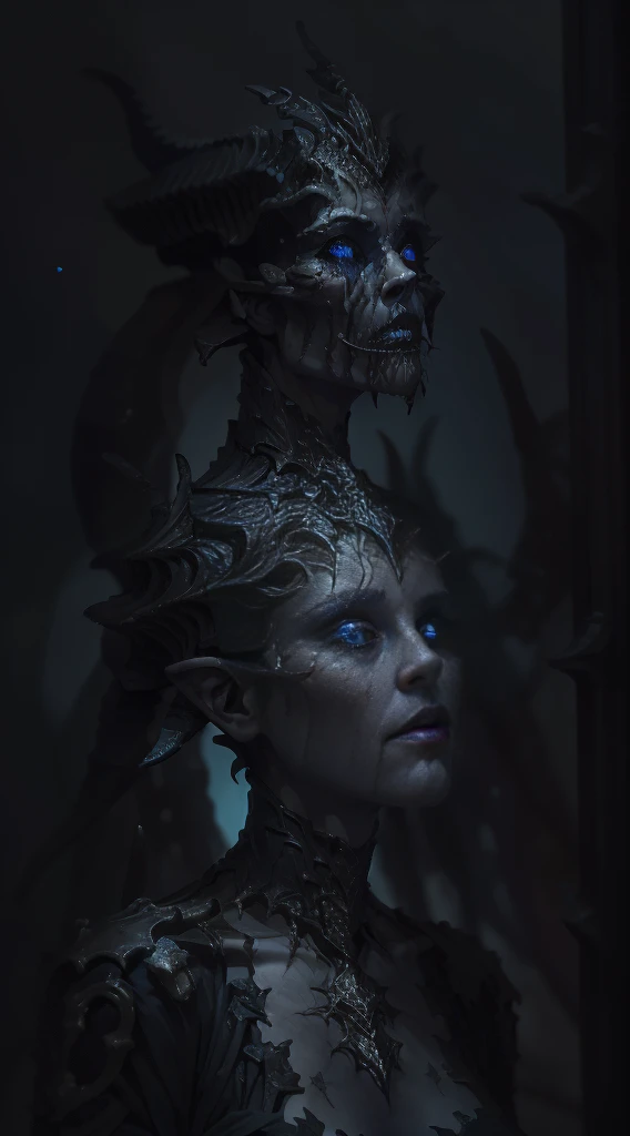 unreal engine:1.4,uhd,The best quality:1.4, fotorRealist:1.4, skin texture:1.4, masterpiece:1.8,(((beautiful woman Aesthetic horror,blue fire, portrait,beautiful detailed eyes,beautiful detailed lips,long eyeslashes,Dark shadows,deep look,macabre beauty,gr...