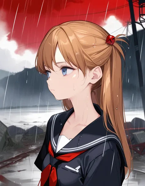 score_9,score_8_up,score_7_up,hd5,ama_mitsuki,1girl,souryuu asuka langley, expressionless, short sleeves serafuku,upper body,hair flip,wasteland,post-apocalypse, destroyed city,red sky,black cloud,wet,rain