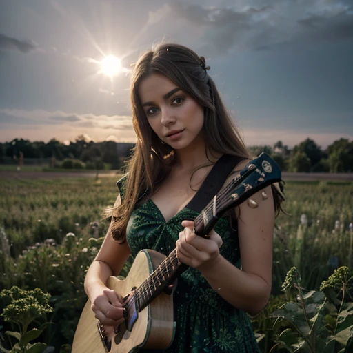 Kale, beautiful girl, gorgeous eyes, funny fingers, Make-up natural, in a dress made of plants, colors, plays guitar, field with lights, hyper detail, mystical light moonlight