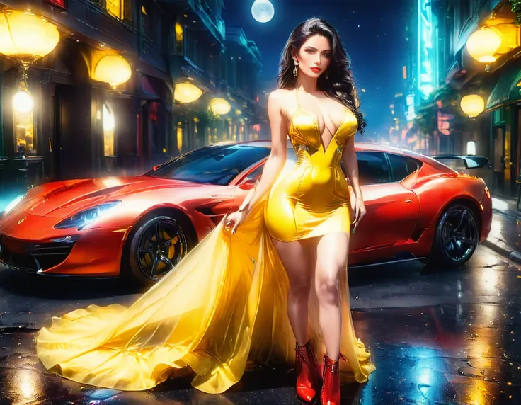 a picture of a female model wearing an evening dress standing near a red sports car, glamorous model woman, extremely beautiful face, ultra feminine, detailed face, exquisite beautiful face,  black hair, long hair, wavy hair, beautiful green eyes, she wear...