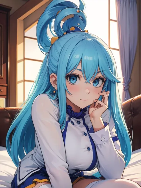 Best Image Quality, 8 k, high quality, masterpiece:1.2), ((masterpiece)), (high detail, high quality, Best Image Quality), solo, 1 girl, Konosuba ,aqua, detailed face, A smirk on his face,, looks at the viewer, detailed clothing, detailed fabric, Hair ring...