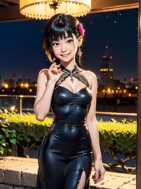 ((masterpiece)), (Highest quality), Official Art, unity 8k wallpaper, Very detailed, One Girl, alone, black, silk, (Evening Dresses), Fine dining, modern, stylish, Gloss, Clutch bags, Enchanting, smile