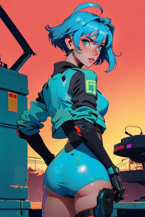 but sexy cybernetic, short-hair, sweaty body, in a military area. 1 girl, sexy, , high qualiy, showing the ass, ultra detaild