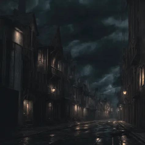 a dark street with swirling wind, blowing leaves, detailed architectural buildings, dramatic lighting, cinematic atmosphere, moo...