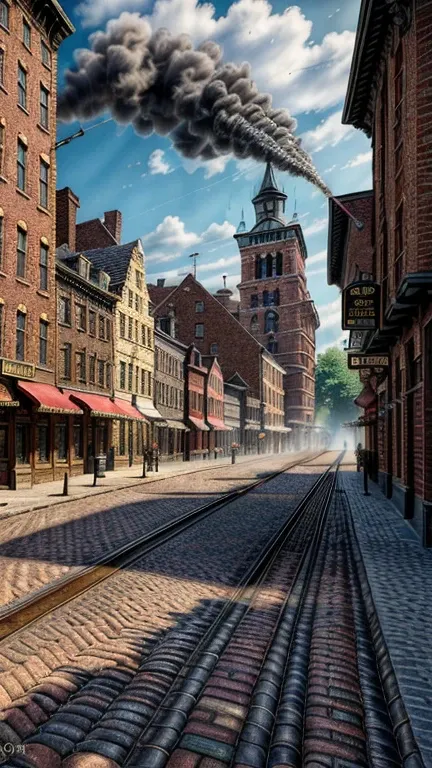 a provincial town in the 19th century, crossroads street,  a bar, a hotel, (best quality,4k,8k,highres,masterpiece:1.2),ultra-detailed,(realistic,photorealistic,photo-realistic:1.37),detailed architecture, cobblestone streets, brick buildings,  wood buildi...