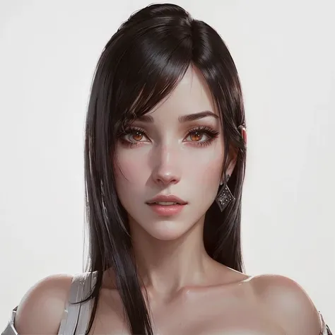 a close-up of a woman in a white blouse and black pants, portrait of tifa lockhart, tifa lockhart portrait, tifa lockhart, Tifa, Tifa lockheart, seductive tifa lockhart portrait, glamorosa Tifa lockheart, tifa lockhart with white hair, deayam to whoever, f...